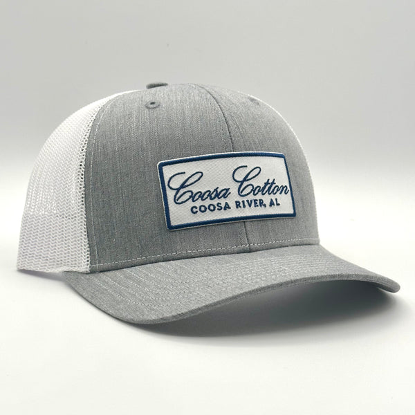 Grey and white trucker top hat