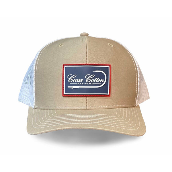 Khaki White Trucker Hat Rubber Patch Coosa Cotton